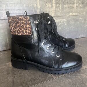 Nine West Black Combat Boots Leopard Quilted Print Lace Up Lug Sole Women 10M